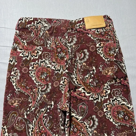 Sterling & Stitch‎ Flare Pants Womens 27x32.5 Brown Paisley Corduroy Boho Retro - Picture 3 of 16
